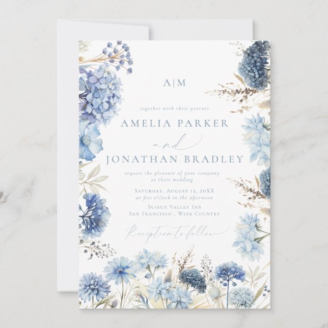 Elegant Modern  QR Code Dusty Blue Floral  Wedding Invitation (Front)