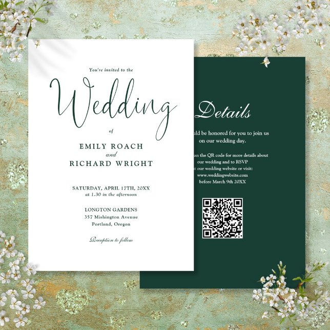 Elegant Modern QR Code Emerald Green Wedding Invitation (Elegant Modern QR Code Emerald Green Wedding Invitation)