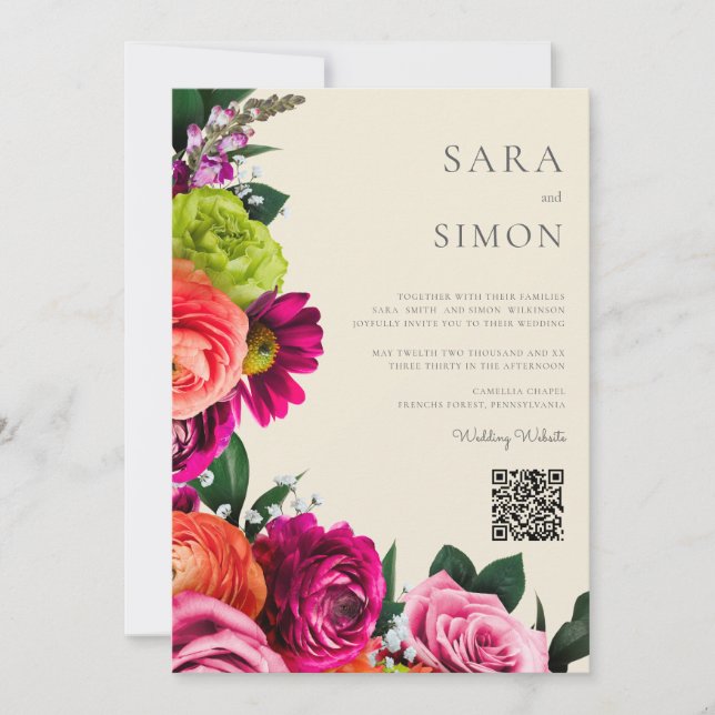 elegant  modern QR code floral  wedding Invitation (Front)