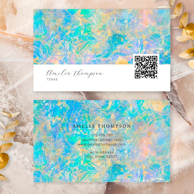 Elegant Modern Qr Code Gold Opal Stone Business Card (Front and Back)