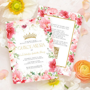 Elegant Modern QR Pink Floral Gold Quinceañera Invitation