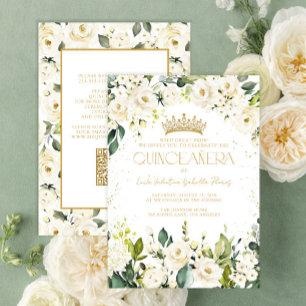Elegant Modern QR White Gold Floral Quinceañera Invitation