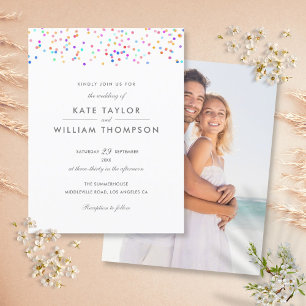 Elegant Modern Rainbow Confetti Photo Wedding Invitation Postcard