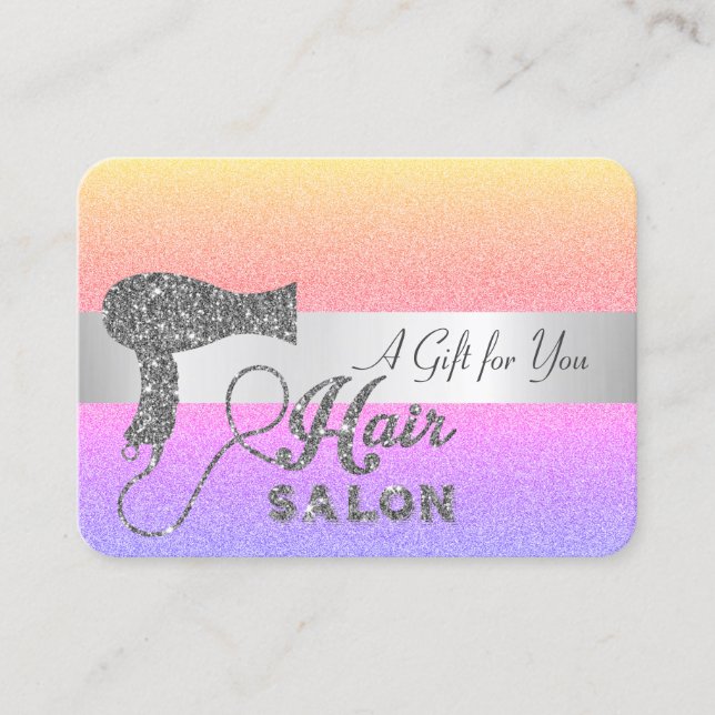 Elegant Modern Rainbow Ombre Glitter Hairdryer Discount Card (Front)