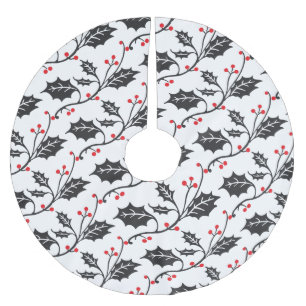 Elegant Modern Red and Black Holly Pattern Brushed Polyester Tree Skirt
