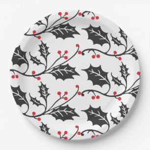 Elegant Modern Red and Black Holly Pattern Paper Plate