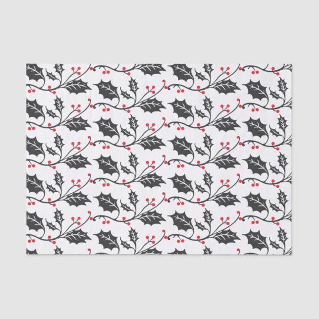 Elegant Modern Red and Black Holly Pattern Tissue Paper (Front)