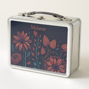Elegant Modern Red and Blue Floral Personalised Metal Lunch Box