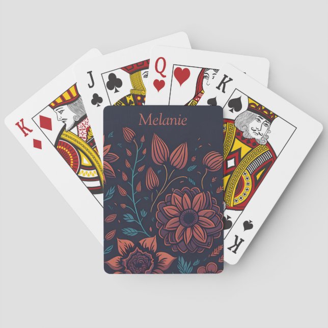 Elegant Modern Red and Blue Floral Personalised Playing Cards (Back)