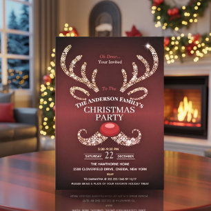 Elegant Modern Red and Gold Reindeer Christmas Invitation