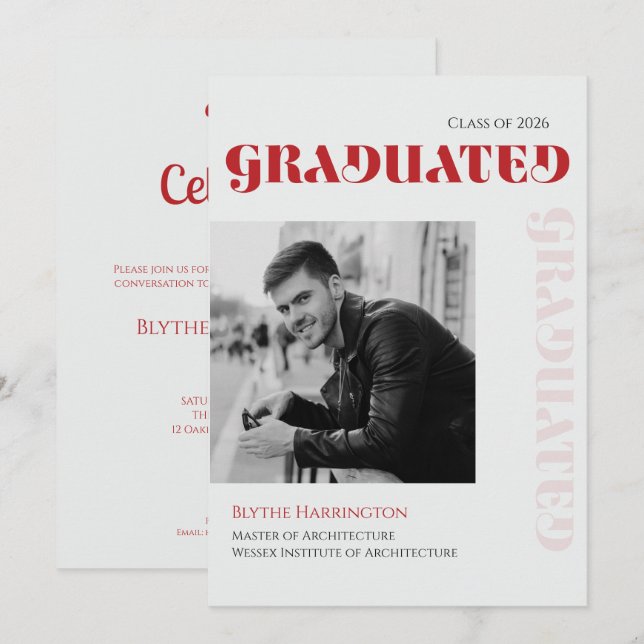 Elegant modern red black & grey type script invitation (Front/Back)