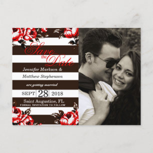 Elegant Modern Red Floral & Black & White Stripes Announcement Postcard