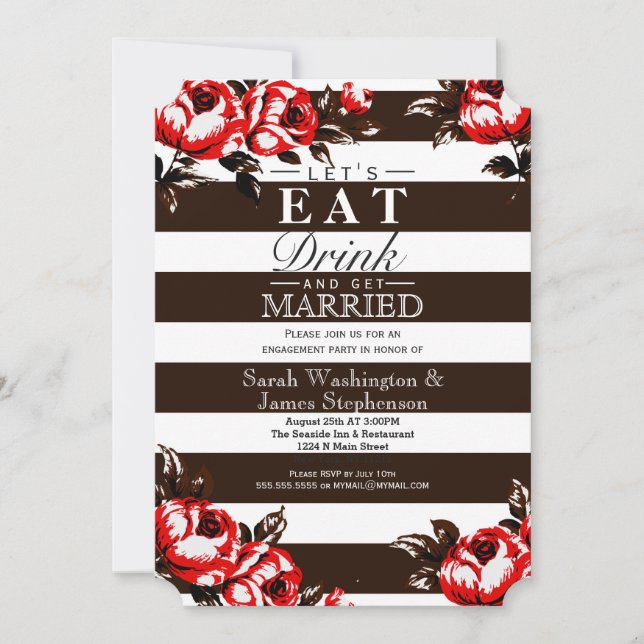 Elegant Modern Red Floral & Black & White Stripes Invitation (Front)
