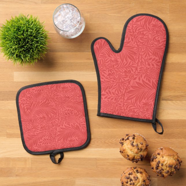 Elegant Modern Red Floral Pattern Oven Mitt & Pot Holder Set (Top Down)