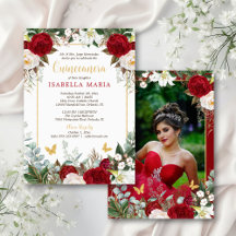 Elegant Modern Red Floral with Photo Quinceañera