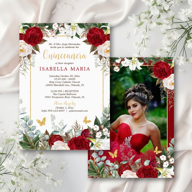 Elegant Modern Red Floral with Photo Quinceañera Invitation (This quince invite features red and white watercolor roses and a photo on the back.)