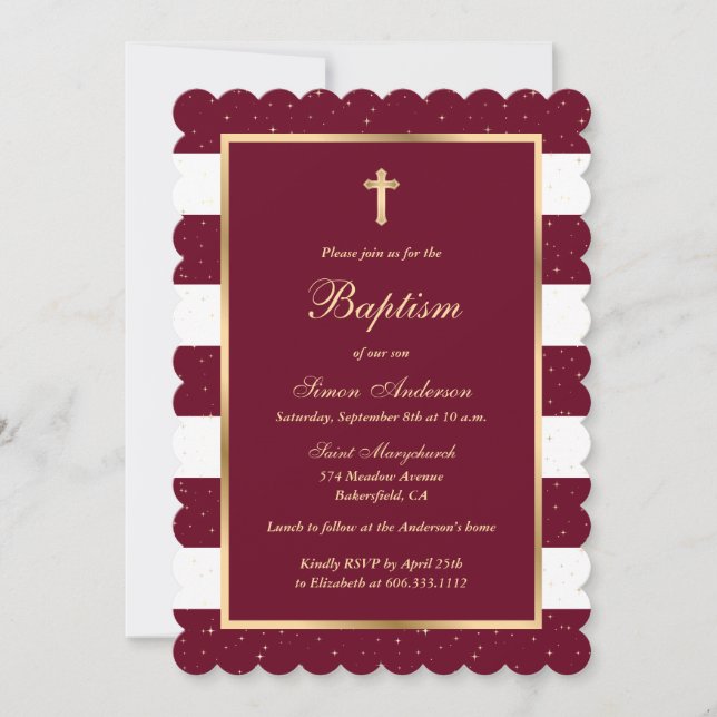 Elegant Modern Red Gold Baptism Invitation (Front)