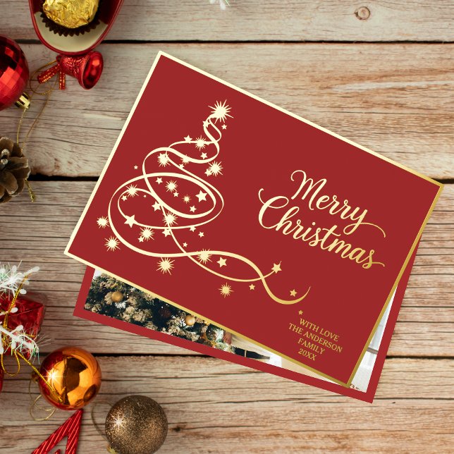 Elegant Modern Red Gold Christmas Photo  Foil Holiday Card (Creator Uploaded)