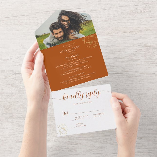 Elegant Modern Red Gold Floral Photo Wedding RSVP All In One Invitation (Tearaway)