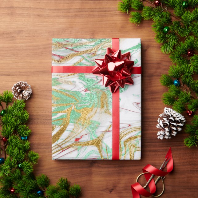 Elegant modern red gold green white marble look wrapping paper (Holiday Gift)