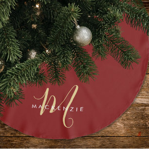 Elegant Modern Red Gold Script Monogram Brushed Polyester Tree Skirt