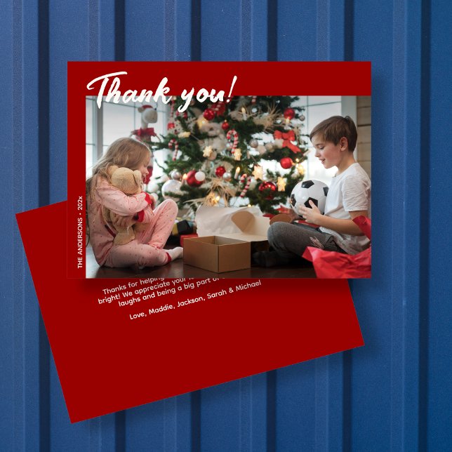 Elegant Modern Red Holiday Photo Thank You Card (Creator Uploaded)