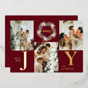 Elegant Modern Red Photo Collage Joy Christmas Foil Holiday Card