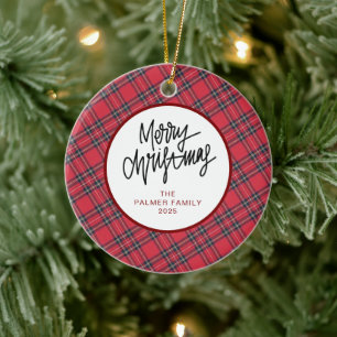 Elegant Modern Red Plaid Christmas Family Photo Ceramic Tree Decoration