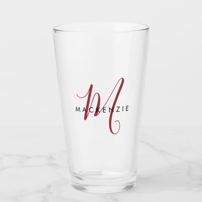 Elegant Modern Red Script Monogram Glass (Front)