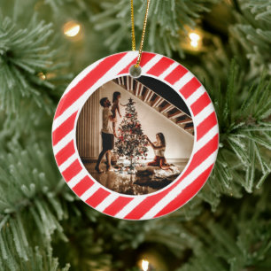 Elegant Modern Red Stripes Christmas Family Photo Ceramic Tree Decoration