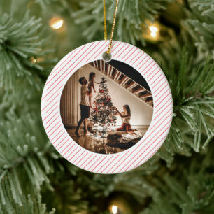 Elegant Modern Red Stripes Christmas Family Photo Ceramic Tree Decoration