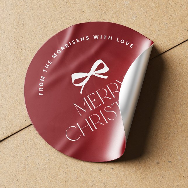 Elegant modern red white bow Christmas holiday Classic Round Sticker (Creator Uploaded)