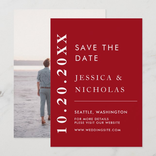 Elegant Modern Red & White Simple Wedding Photo Save The Date (Front/Back)