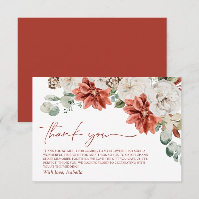 Elegant Modern Red Winter Christmas Bridal Shower Thank You Card (Front/Back)