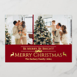 Elegant Modern Reindeer Christmas Family 2 Photo Foil Holiday Card