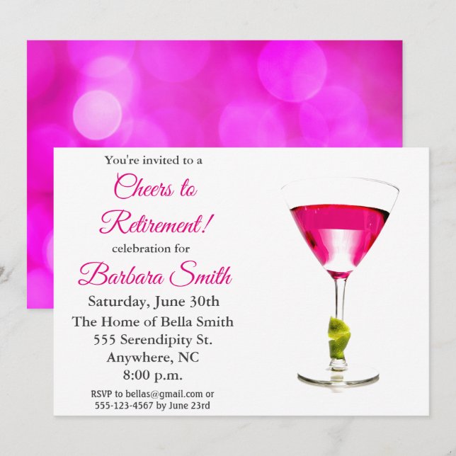 Elegant Modern Retirement Party Pink Cocktail Invitation (Front/Back)