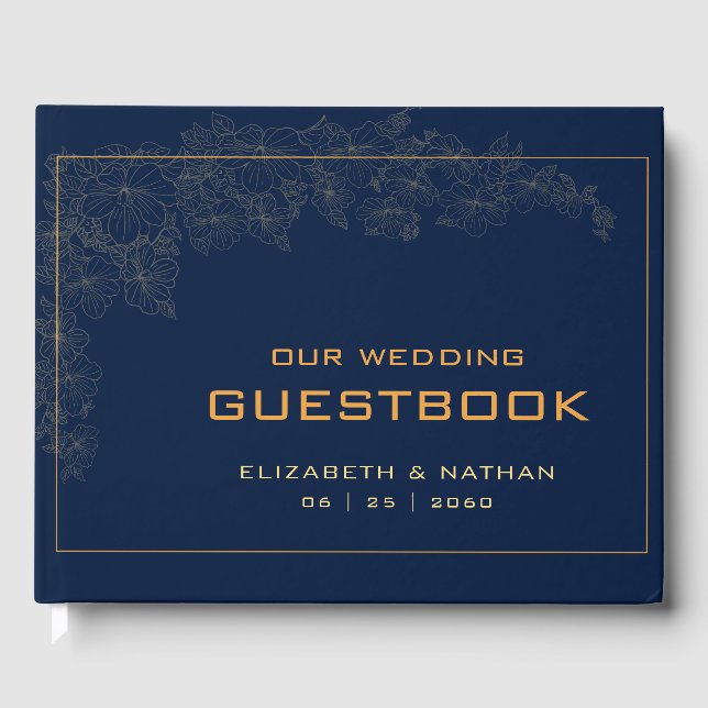 Elegant Modern Retro Gold Navy Blue Wedding Quote Guest Book (Front)