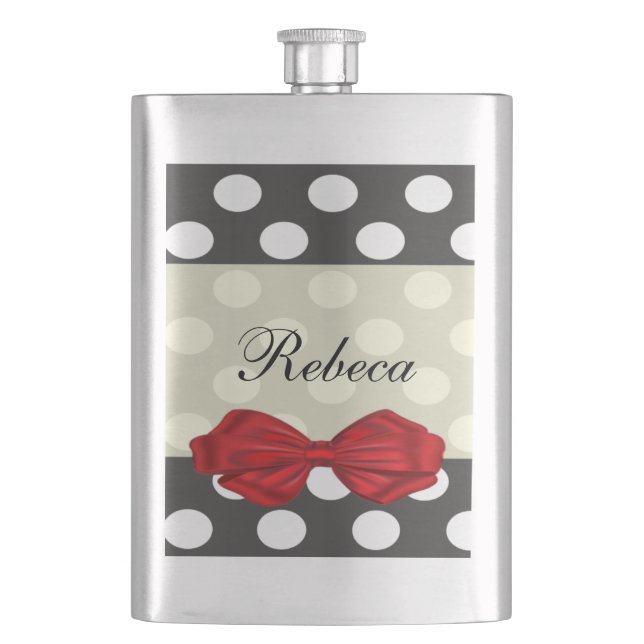 Elegant modern romantic polka dots red bow wedding hip flask (Front)