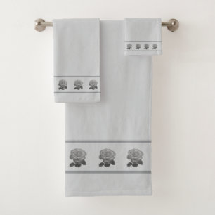 Elegant, Modern Rose Flowers on Light Silver Grey Bath Towel Set