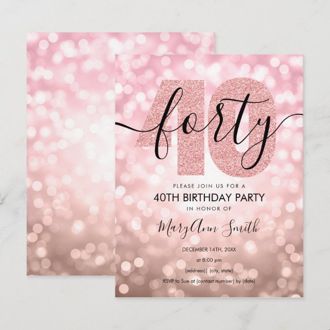 Elegant Modern Rose Gold 40th Birthday Party Invitation (Front/Back)
