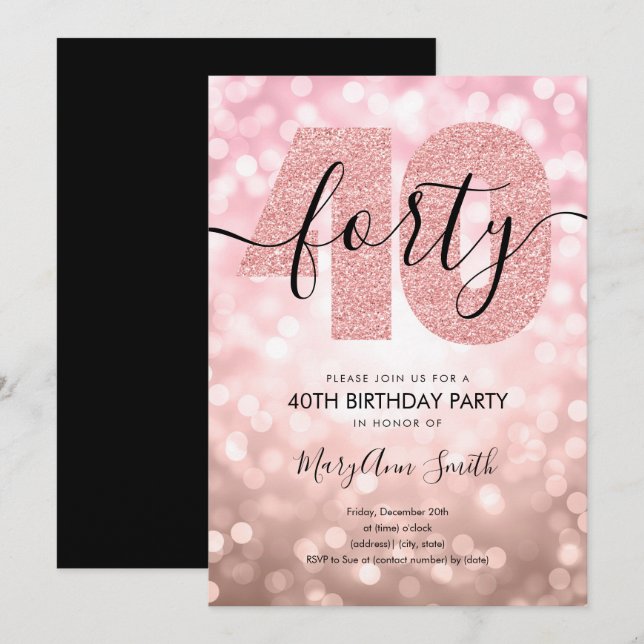 Elegant Modern Rose Gold 40th Birthday Party Invitation (Front/Back)