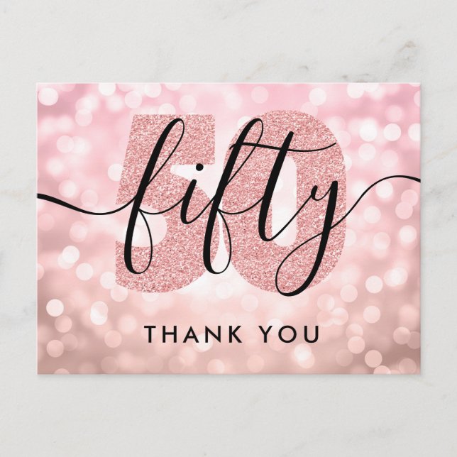 Elegant Modern Rose Gold 50th Birthday Thank You Postcard (Front)