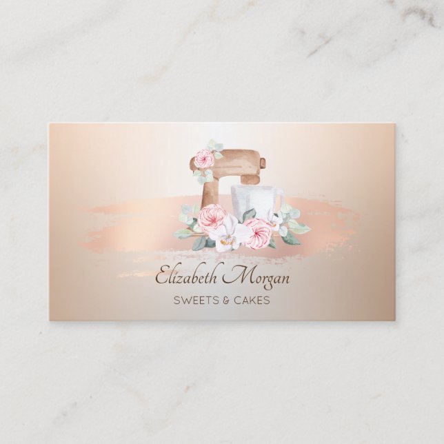 Elegant Modern,Rose Gold Brush Stroke Mixer Flower Business Card (Front)