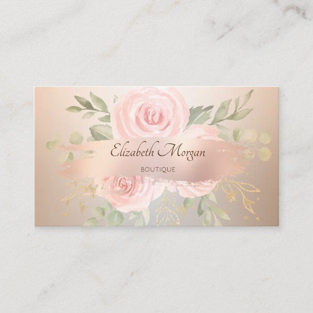 Elegant Modern, Rose Gold Brush Stroke,Roses Business Card (Front)