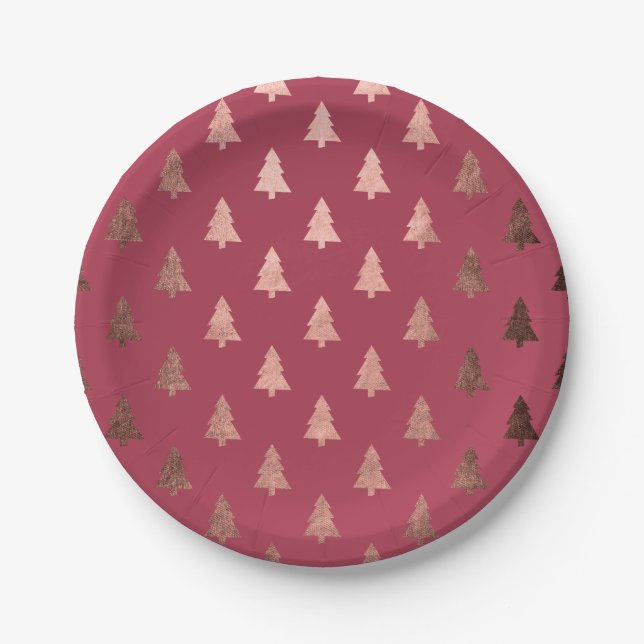 Elegant modern rose gold Christmas tree pattern Paper Plate (Front)