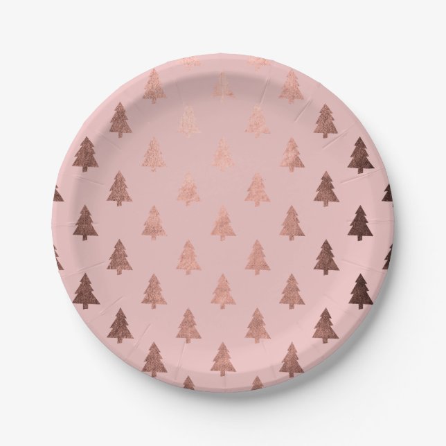 Elegant modern rose gold Christmas tree pattern Paper Plate (Front)