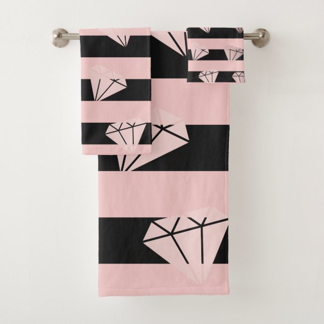 Elegant modern rose gold diamond stripe pattern bath towel set (Insitu)
