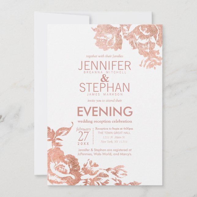 Elegant Modern Rose Gold Floral Reception Invitation (Front)