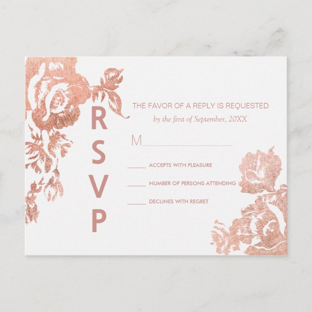 Elegant Modern Rose Gold Floral RSVP Postcards (Front)