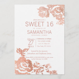 Elegant Modern Rose Gold Floral Sweet 16 Invitation